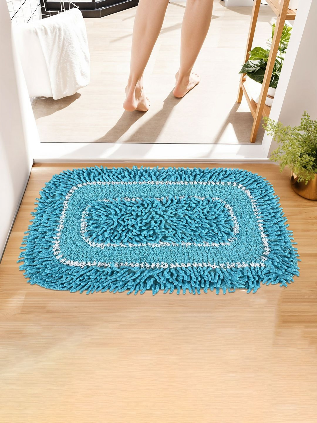 Aura Blue & White Microfibre Soft Anti-Skid Shaggy Doormat