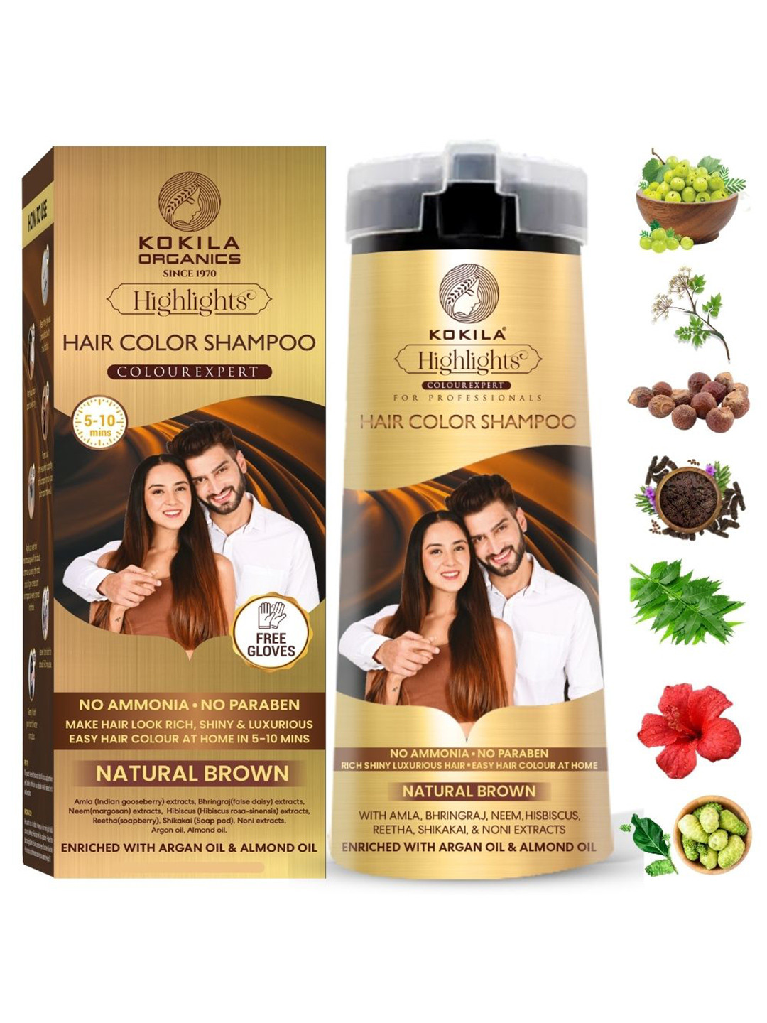 KOKILA Highlights Long-Lasting Hair Color Shampoo - 400 ml - Natural Brown