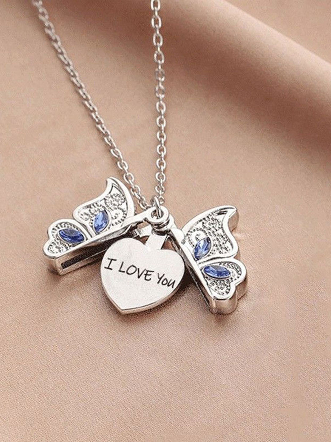 DressBerry Stainless Steel Silver-Plated Stones Studded I Love You Pendant Chain Necklace