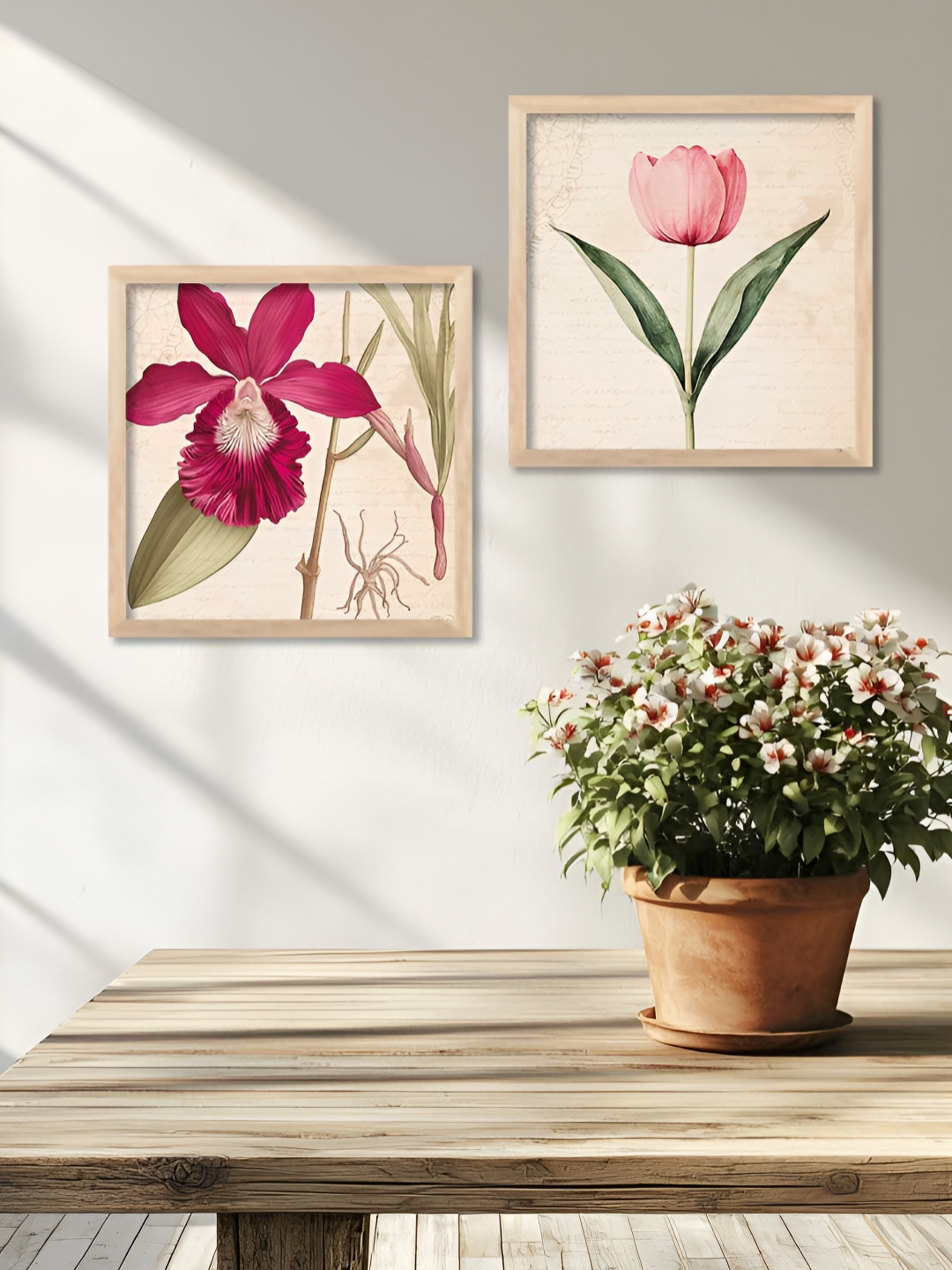 Kotart Brown & Pink 2 Pieces Floral Printed Wooden Wall Paintings
