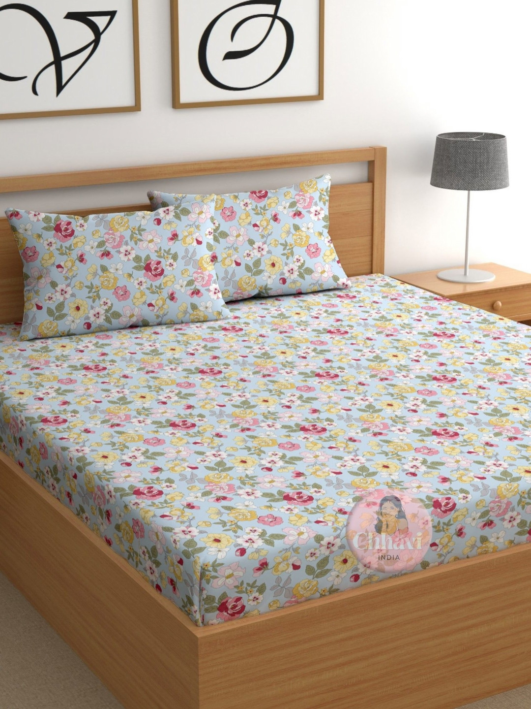 CHHAVI INDIA Blue & Yellow Printed 210 TC Queen Bedsheet Set  2.50m x 2.25m