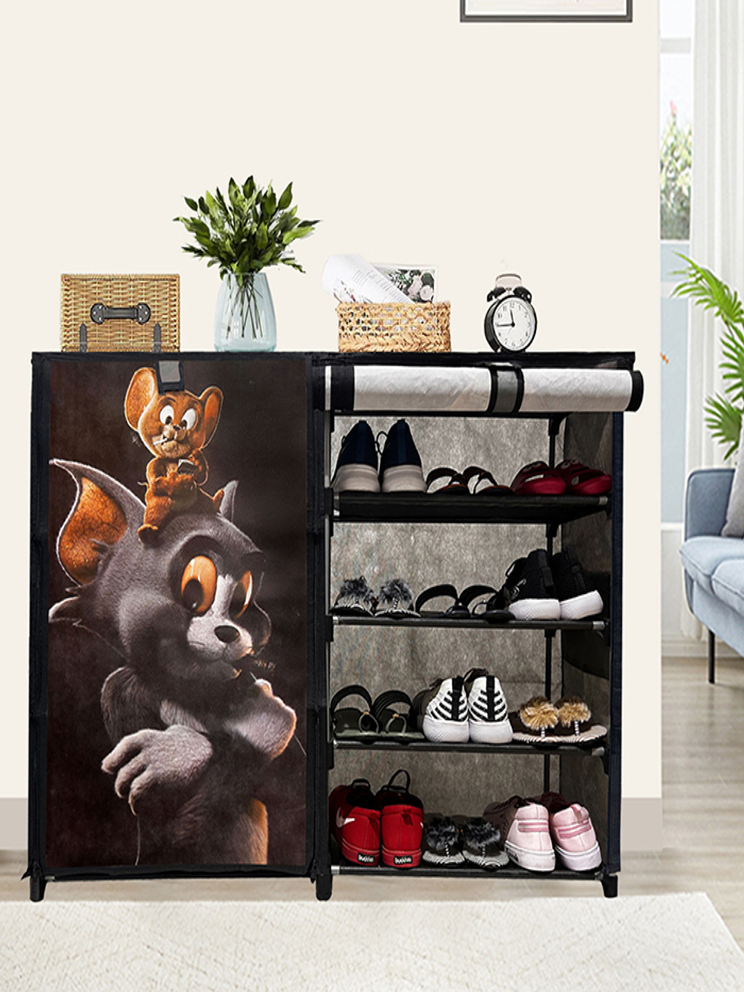 Rmerchants Grey Tom & Jerry 8-Layer Shoe Rack With Cover