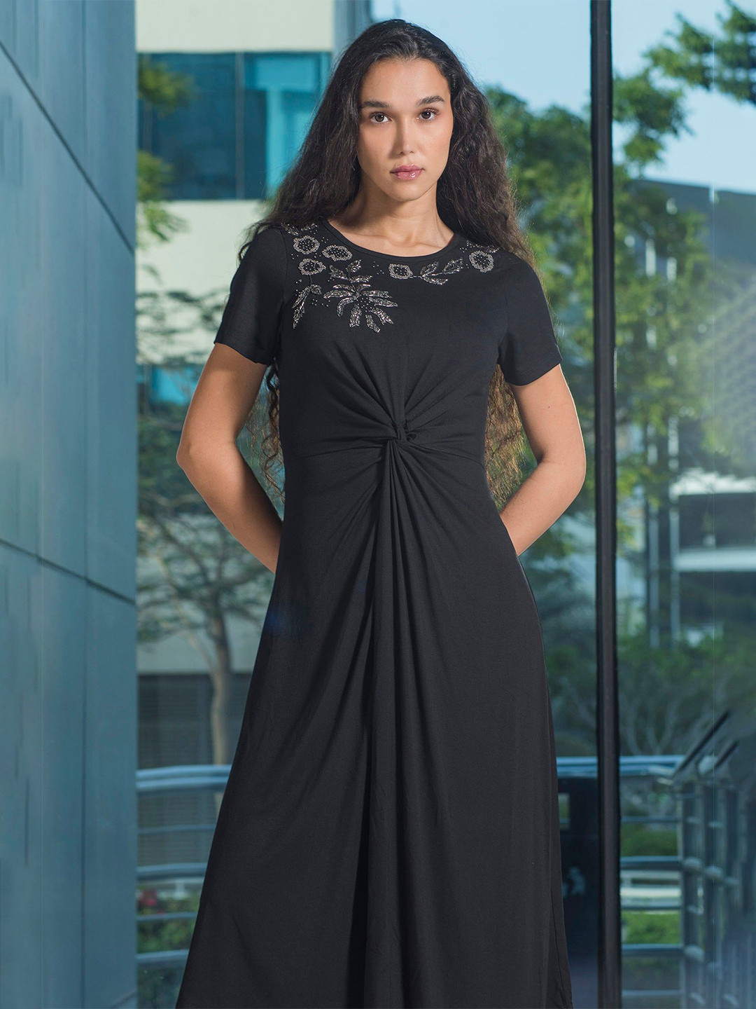 Virgio Viscose Stretch Twisted Waist Dress