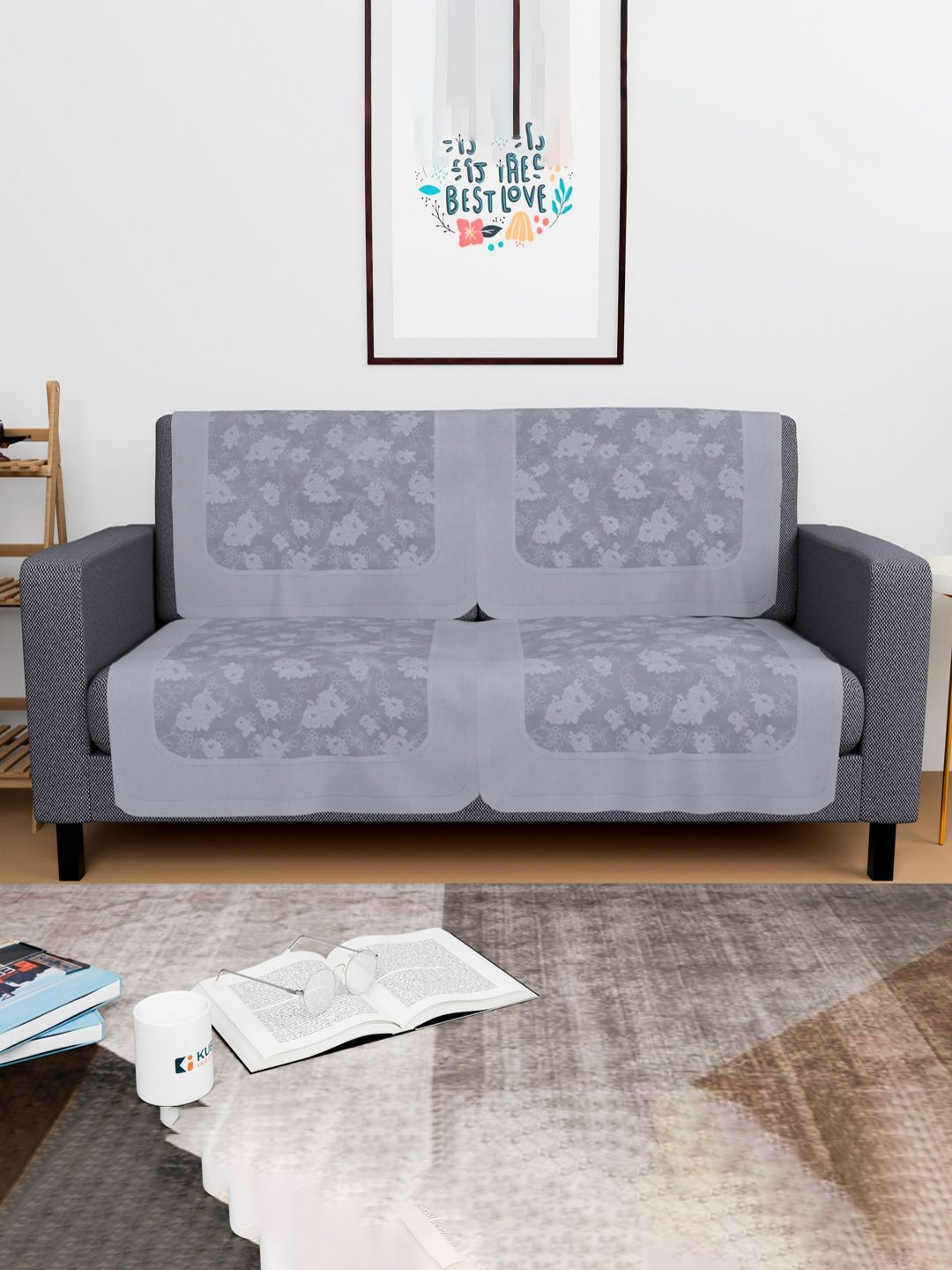 Aura Hawaii Grey 4 Pieces Floral Printed 2 Seater Cotton Sofa Covers