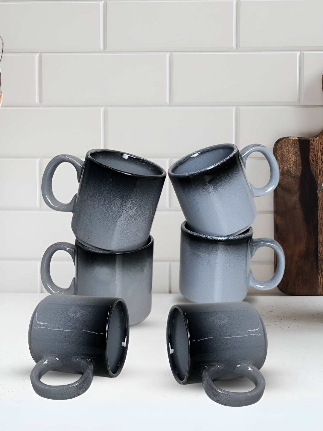 LIVING ROOTS Grey 6 Pieces Microwave Safe Fine Ceramic Coffee & Tea Cups 110ml