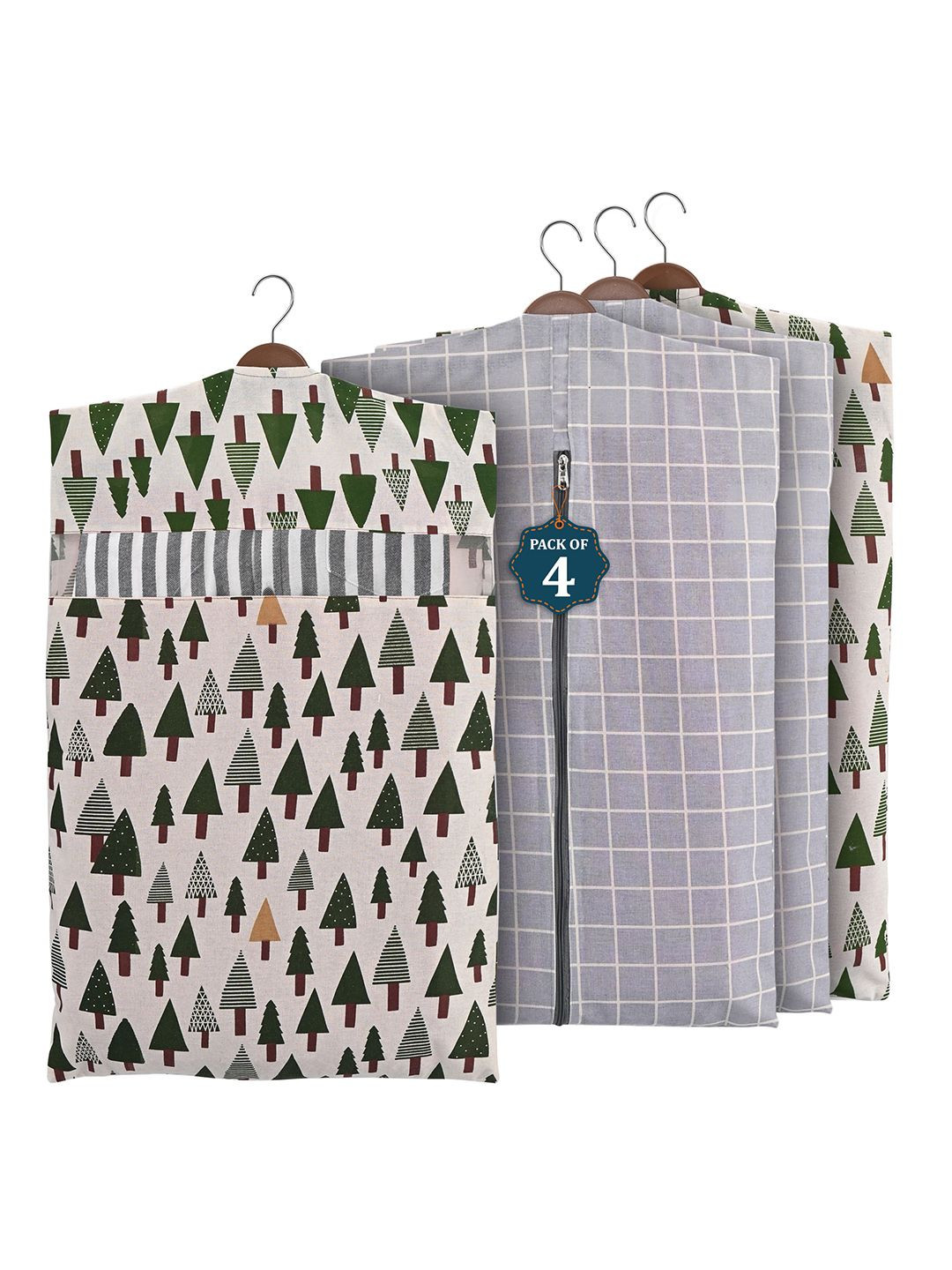 Kuber Industries Grey & Green 4 Pieces Printed Cotton Hanging Clothes Packing Organisers