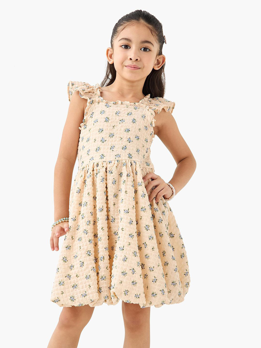 Juniors by Babyshop Girls Floral Micro Print Flutter Sleeve Smocked Balloon Dress