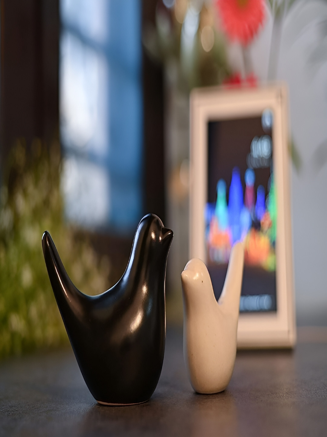 Viyu Creations Dove Love Birds Black Polyresin Glossy Living Room Set of 2 Small Showpieces - 2.6 Inches