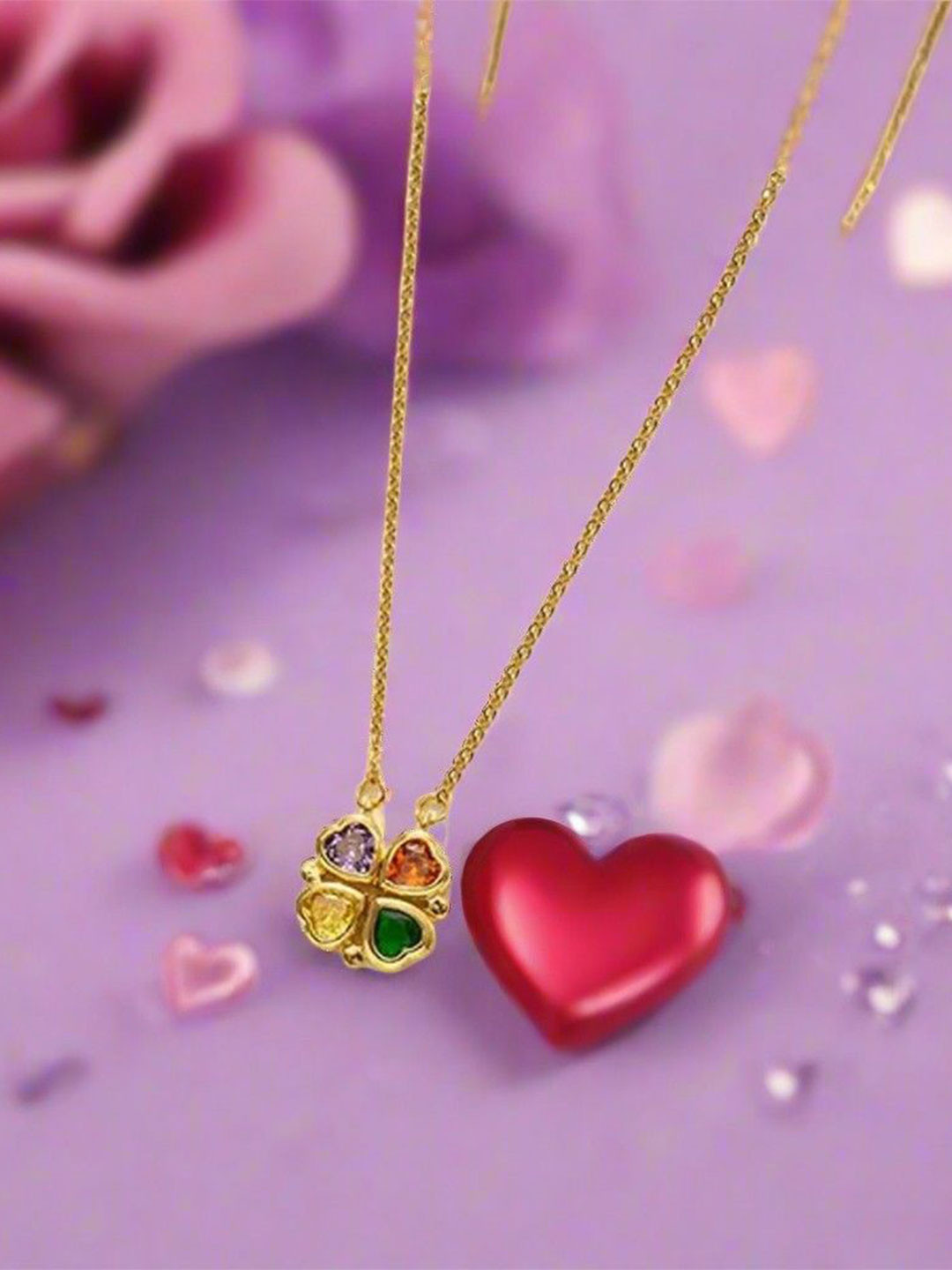 DressBerry Stainless Steel Gold-Plated Stones Studded Heart Shaped Pendant With Chain