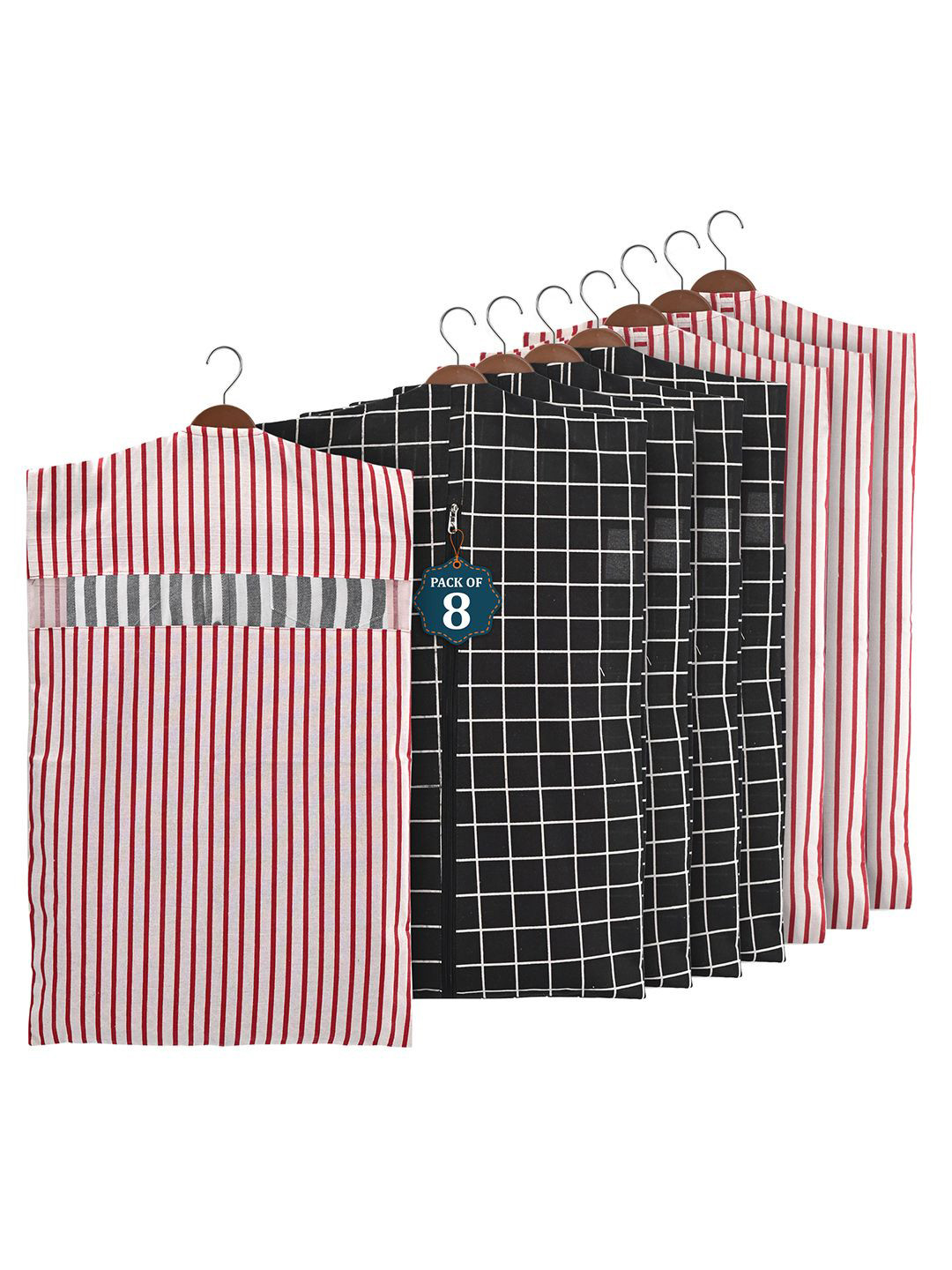 Kuber Industries Black & Maroon Set Of 8 Checked Cotton Hanging Clothes Packing Organisers