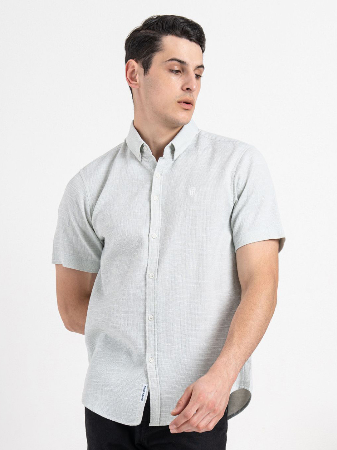 Red Tape Men Stretched Dobby Structured Loose Fit Button Down Shirt
