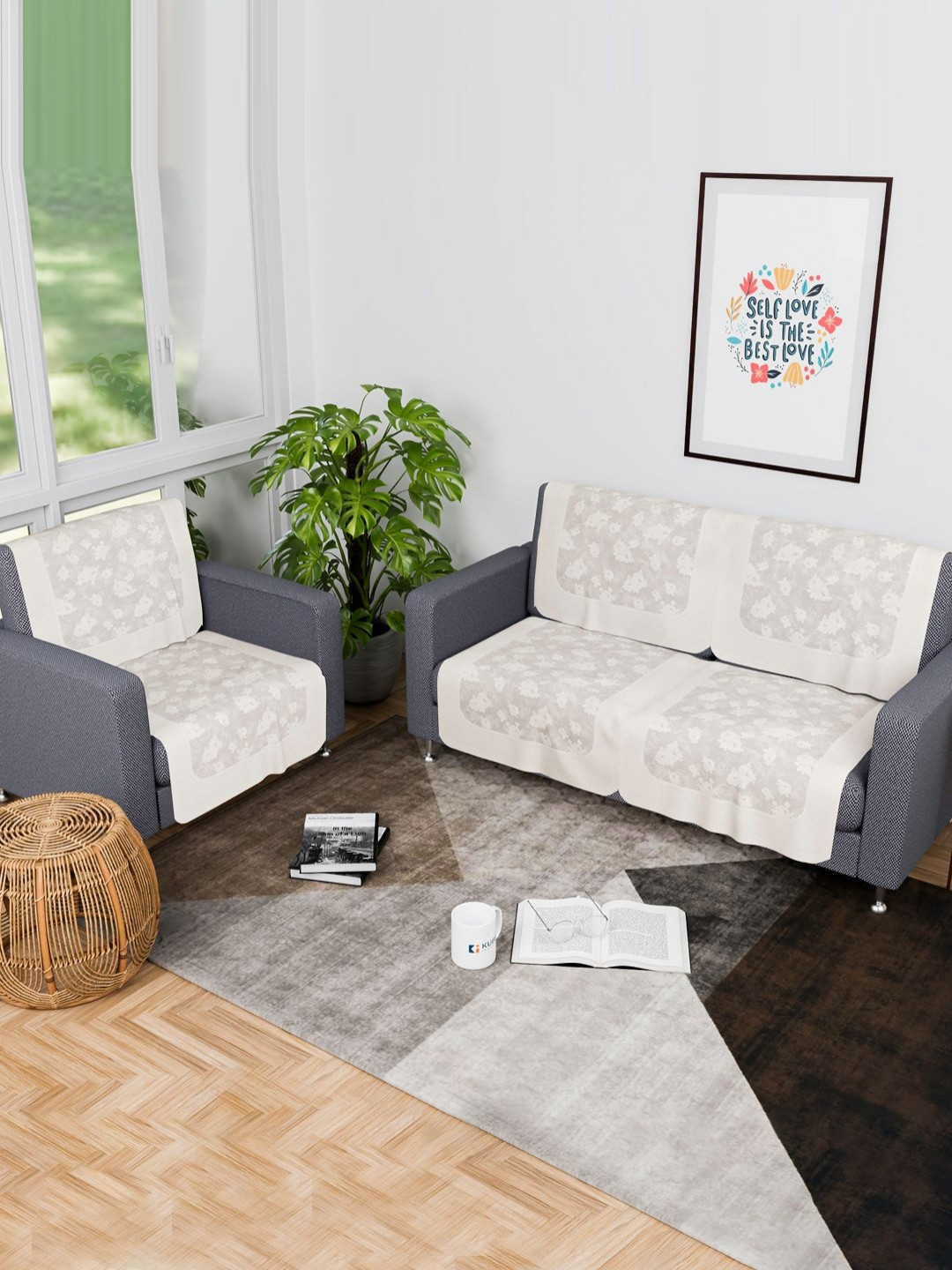 Aura Hawaii Cream-Coloured 6 Pieces Floral Printed 3 Seater Cotton Sofa Covers