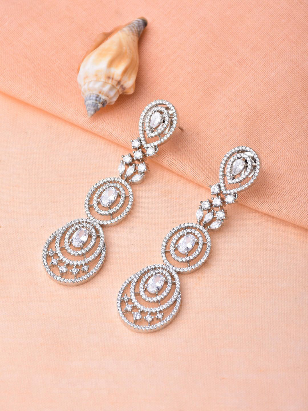 Reenisaa Rhodium-Plated CZ Studded Luminous Layers Spherical Shaped Drop Earrings