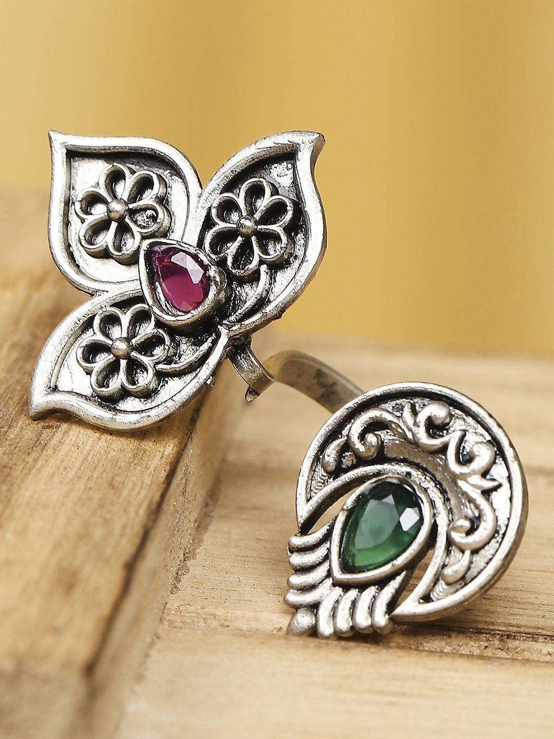 Sangria Stones Studded Oxidized Adjustable Open Finger Ring