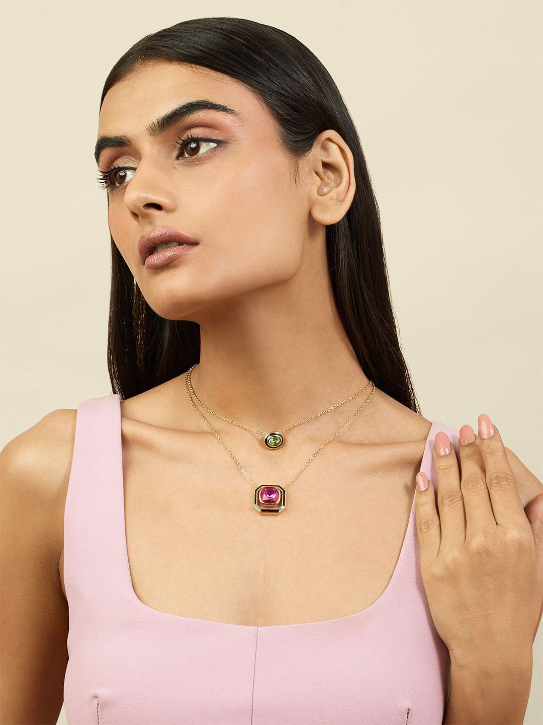 Isharya Brass 18KT Gold-Plated Crystals Amethyst Tides Studded Layered Necklace