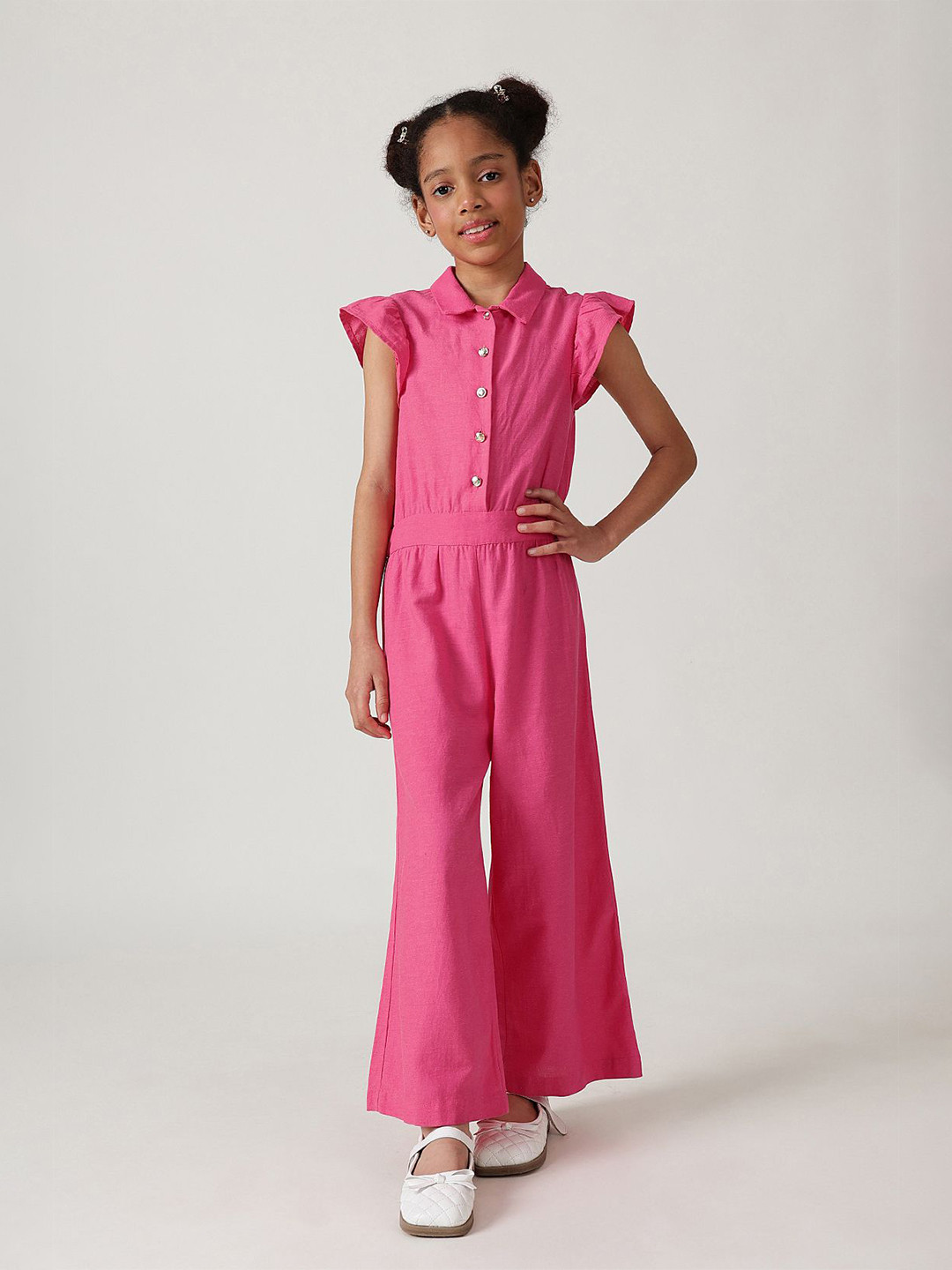 One Friday Girls Pink Regular Fit Frill Sleeve Solid Jumpsuit