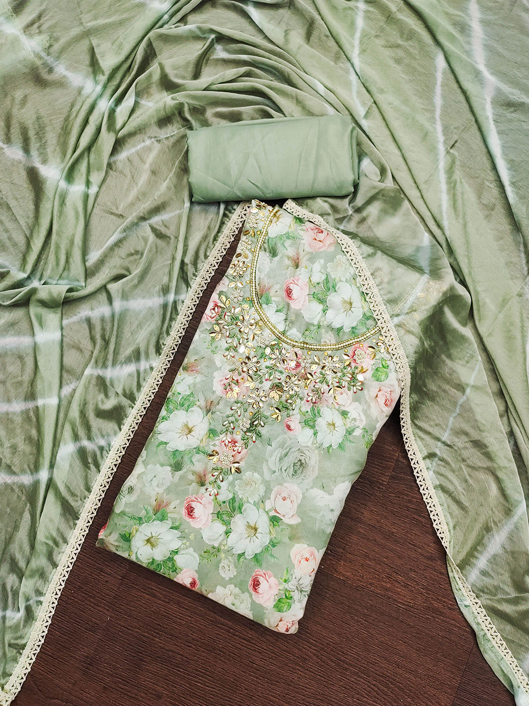 SHADOW & SAINING Floral Printed Beads And Stones Maslin Cotton Unstitched Dress Material