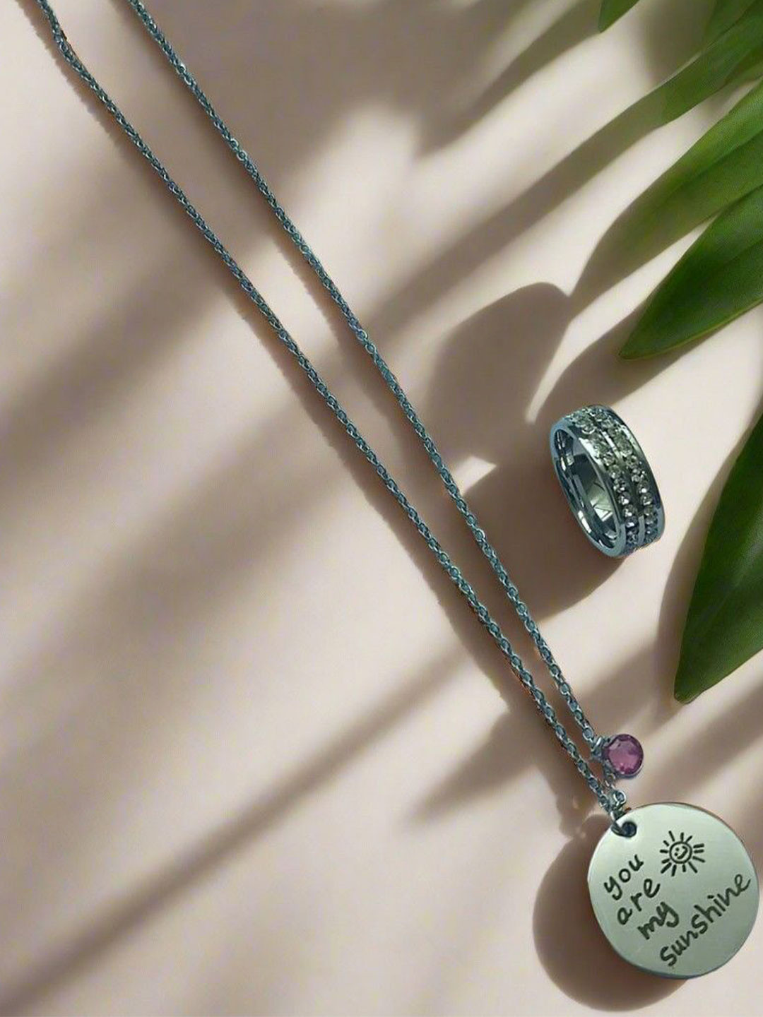 DressBerry Silver-Plated CZ Studded Ring & You Are My Sunshine Pendent Necklace