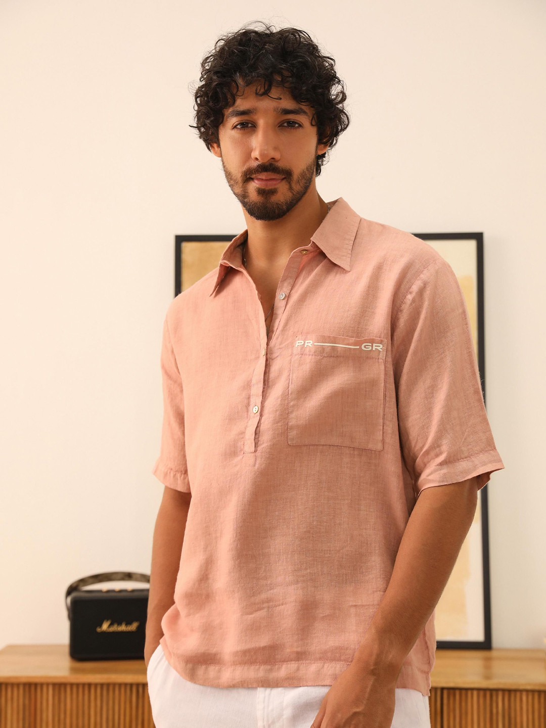 PRIMAL GRAY Men Oversized Fit Spread Collar Solid Linen Casual Shirt