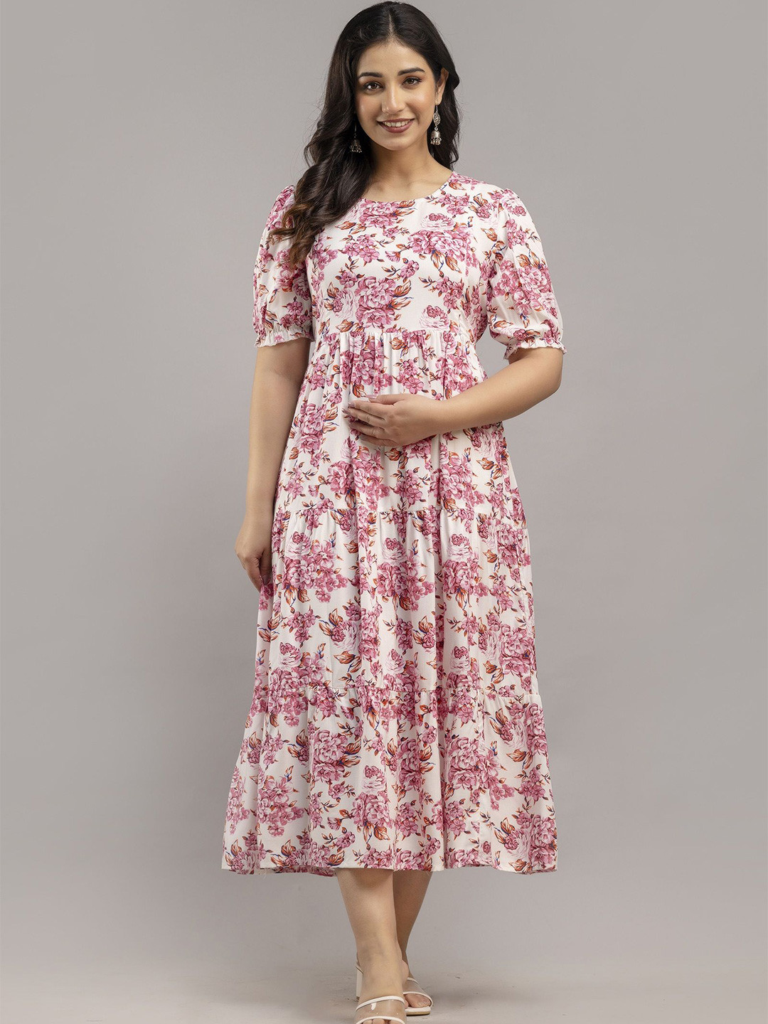DEVEK Floral Print Puff Sleeve Maternity Fit & Flare Maxi Dress