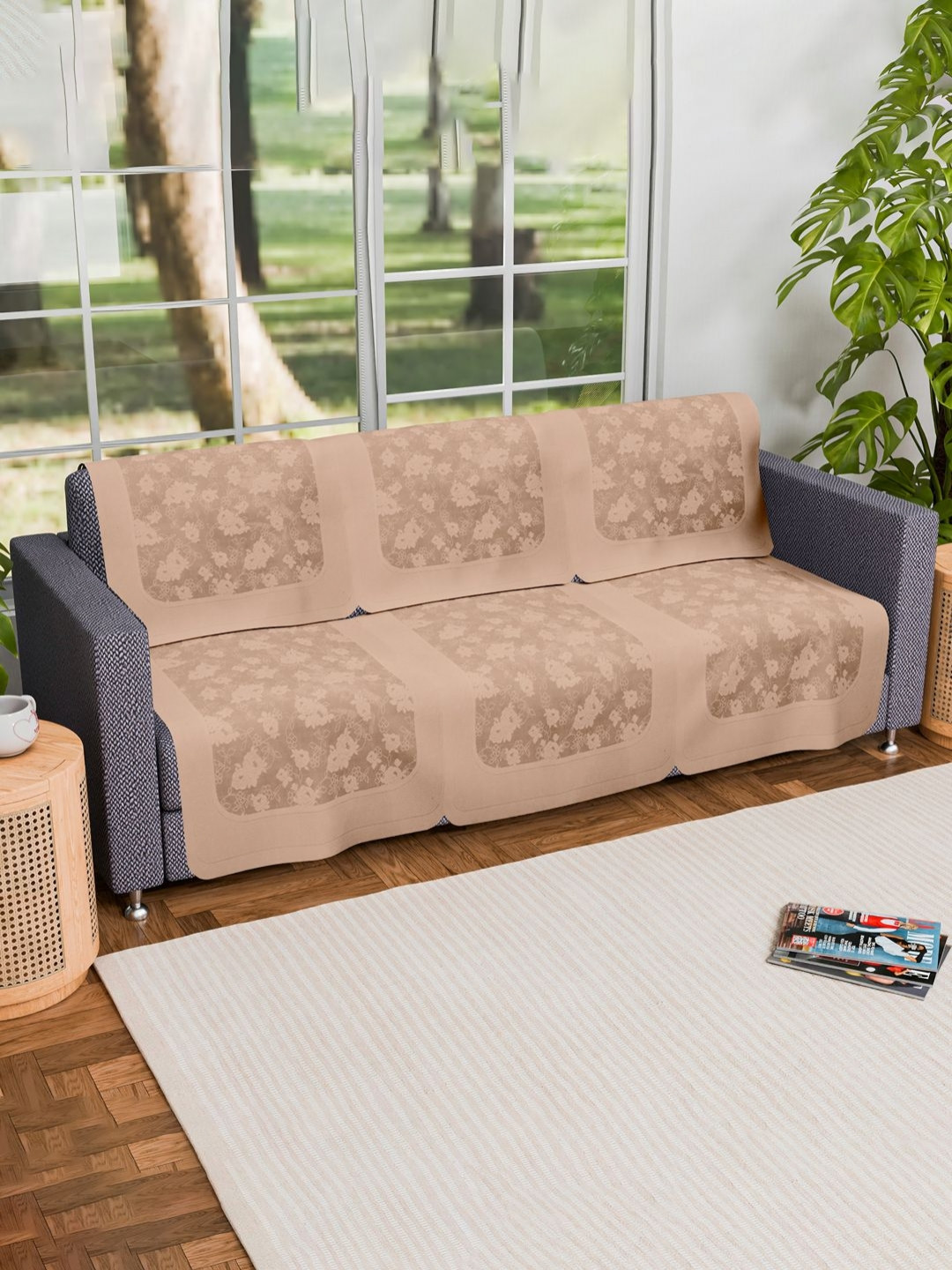 Aura Hawaii Brown 6 Pieces Floral Printed 3 Seater Cotton Sofa Cover