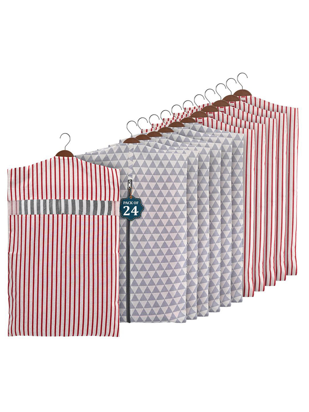 Kuber Industries Grey & Maroon Set Of 24 Striped Cotton Hanging Clothes Packing Organisers