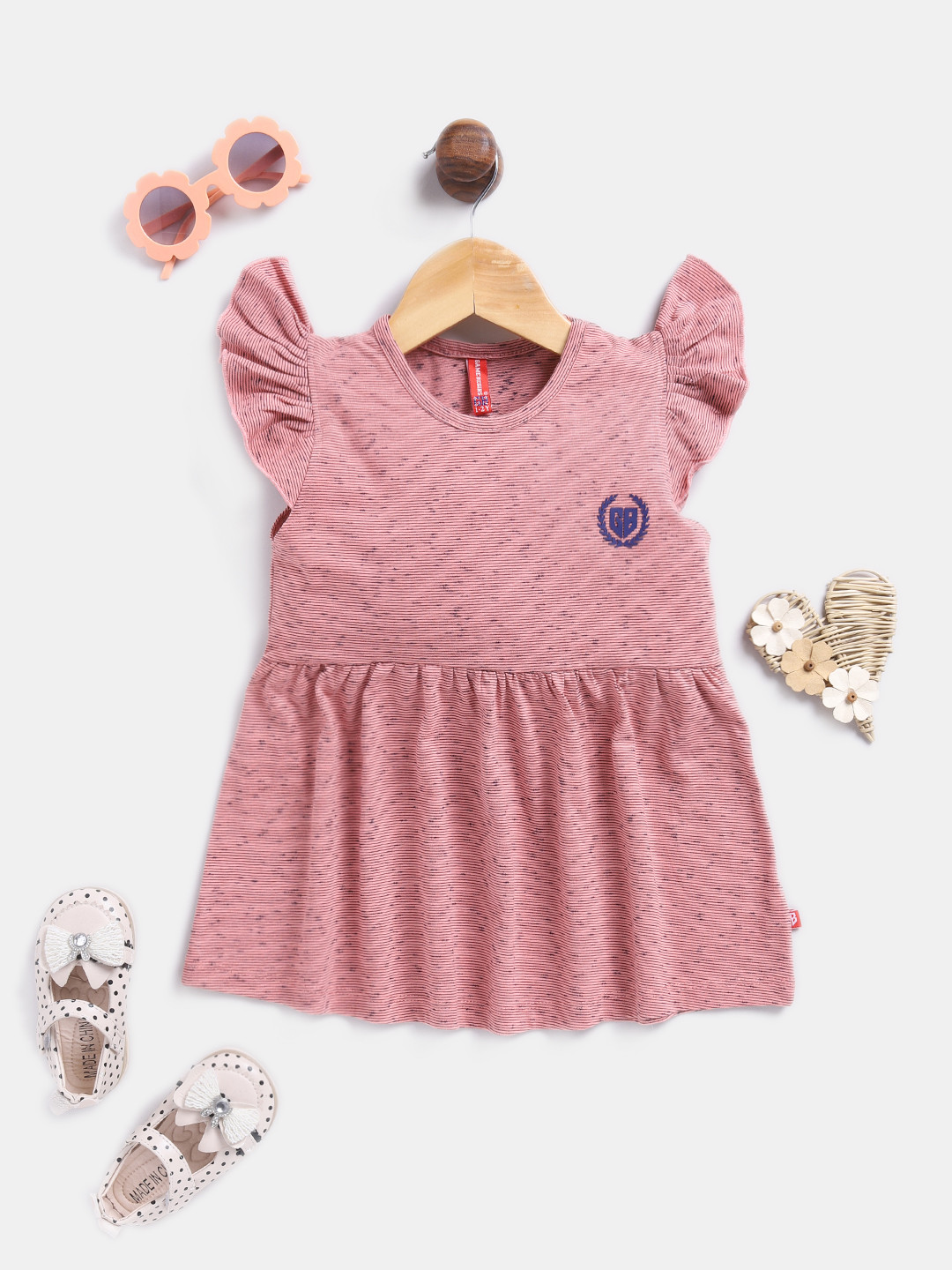 Here&Now X Game Begins Girls Striped Flutter Sleeves Gathered Pure Cotton A-Line Dress