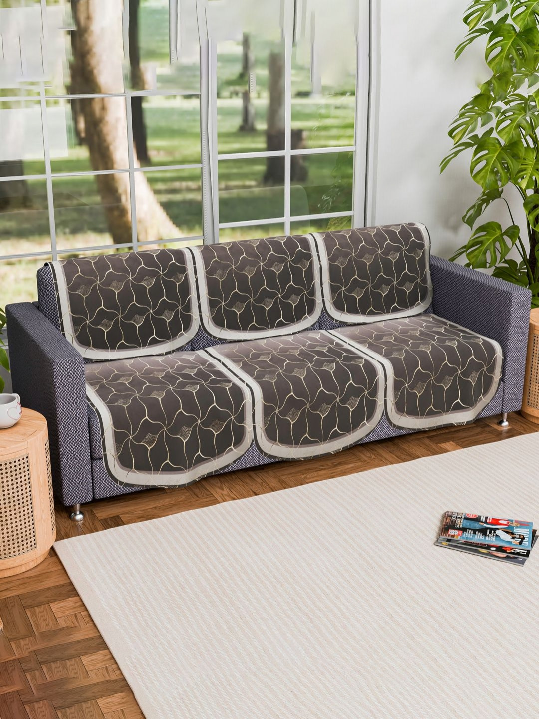 Aura Arabica Brown & White 6 Pieces Floral Printed 3 Seater Velvet Sofa Covers