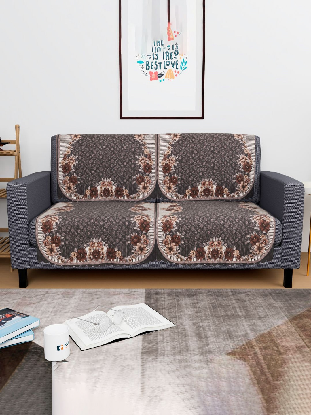 Aura Olive Green & Brown 4 Pieces Floral Printed 2 Seater Sofa Covers