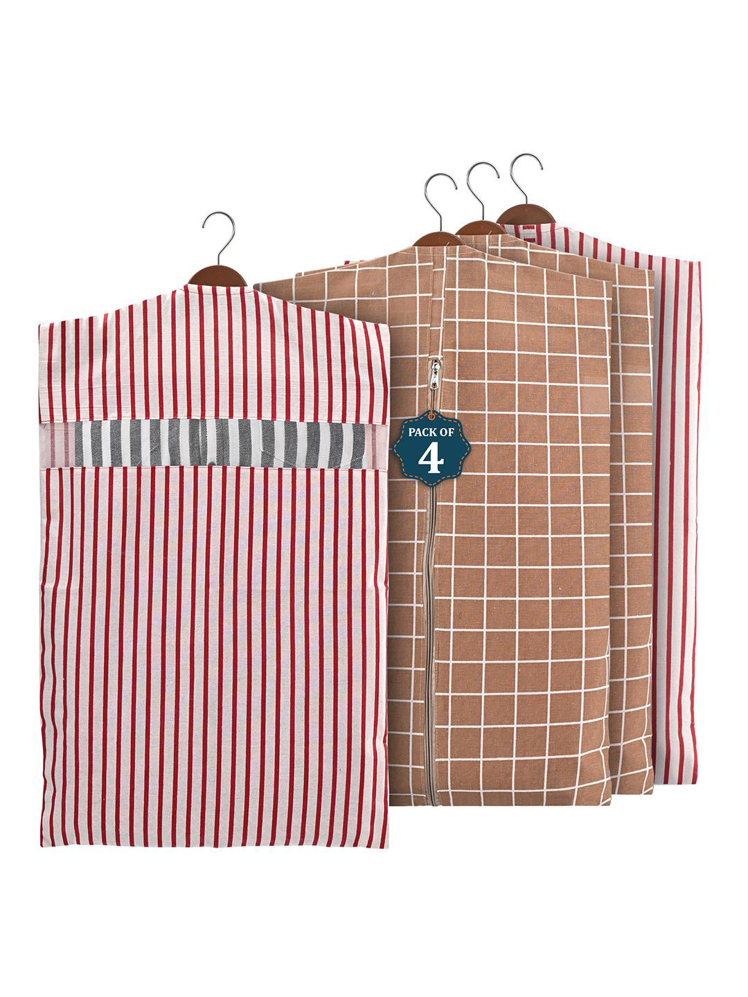 Kuber Industries Brown & Maroon Set Of 4 Striped Cotton Hanging Clothes Packing Organisers