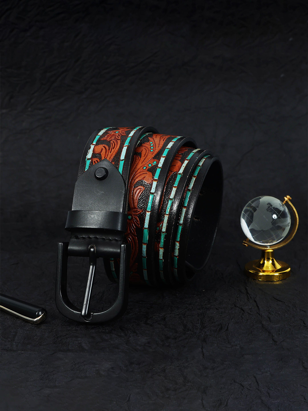 Celtic Women Red Printed Leather Belt with Tang Closure