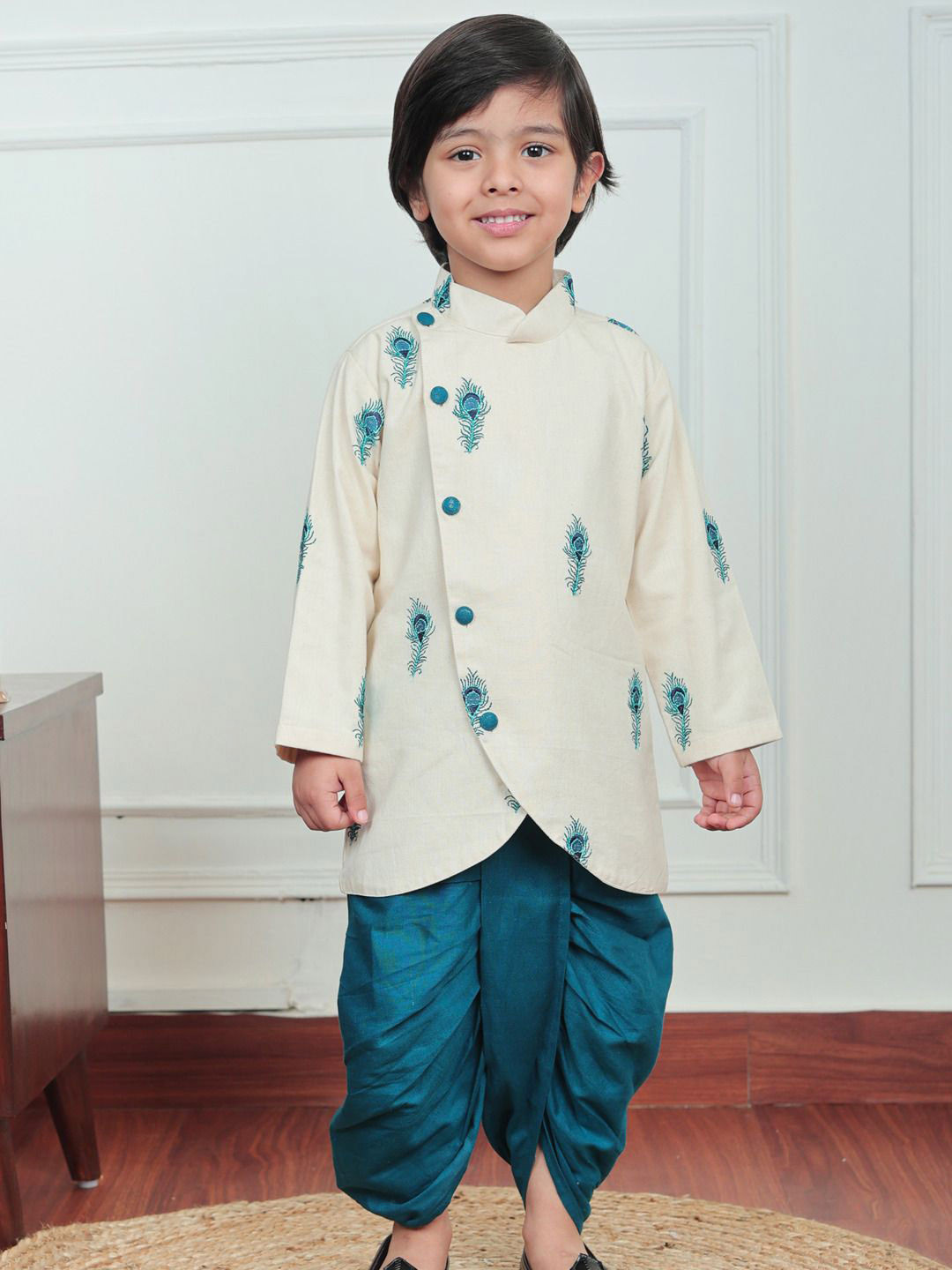 Polka Tots Boys Floral Printed Angrakha Pure Cotton Kurta with Dhoti Pants
