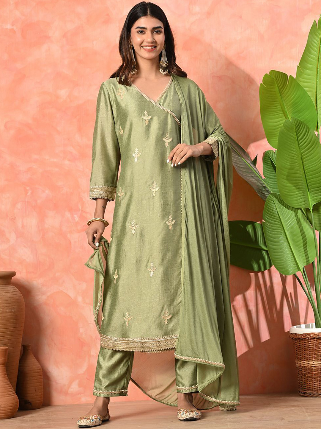 Sangria Floral Embroidered Angrakha Beaded V-Nek A-Line Kurta With Trousers & Dupatta