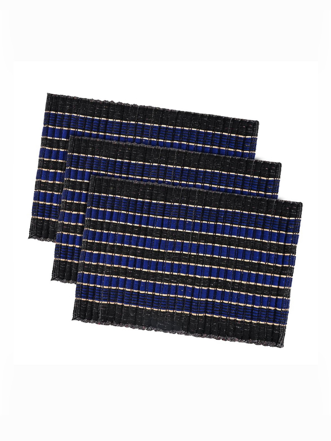 Aura Blue & Black 3 Pieces Striped Cotton Rectangle Durable Doormats