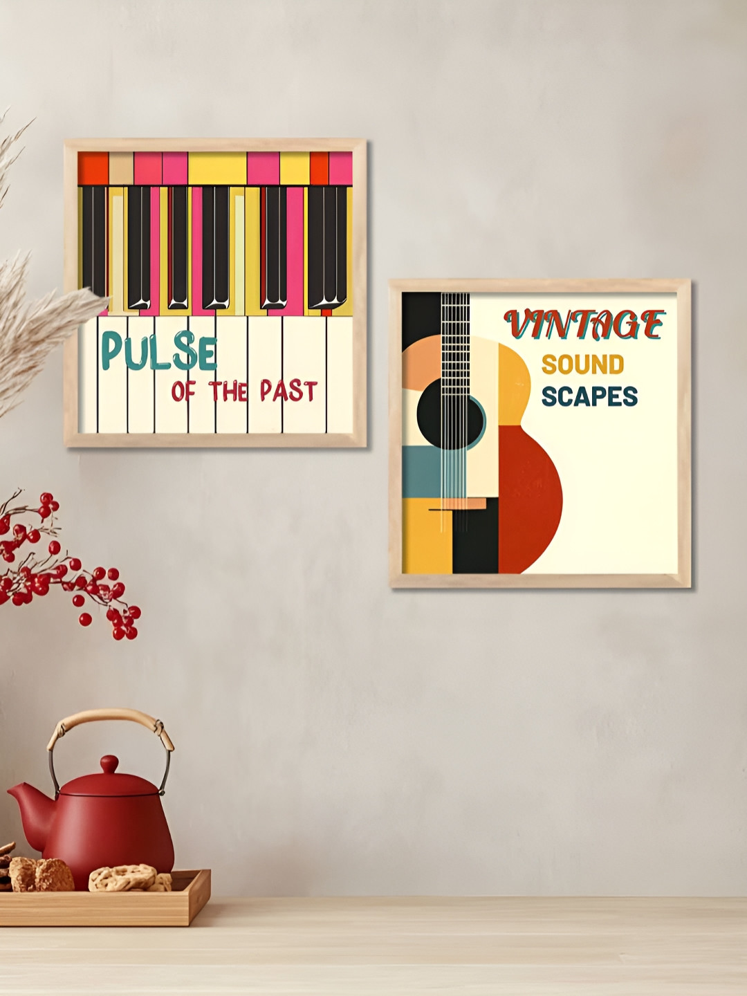Kotart Brown & Pink 2 Pieces Music Theme Printed Wooden Wall Paintings