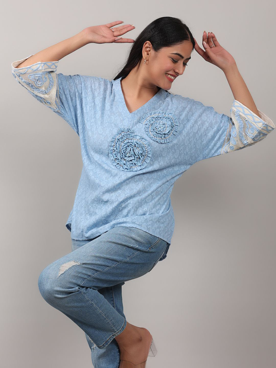 Oskos Embroidered Batwing Sleeve Cotton Top