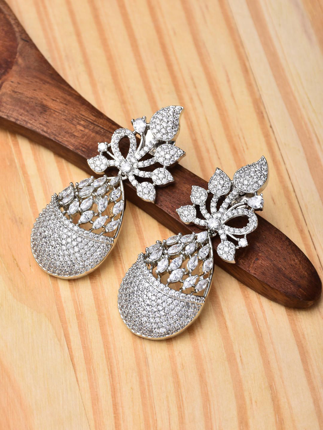 Reenisaa Rhodium-Plated CZ Studded Everlasting Diamond Leaf Shaped Drop Earrings