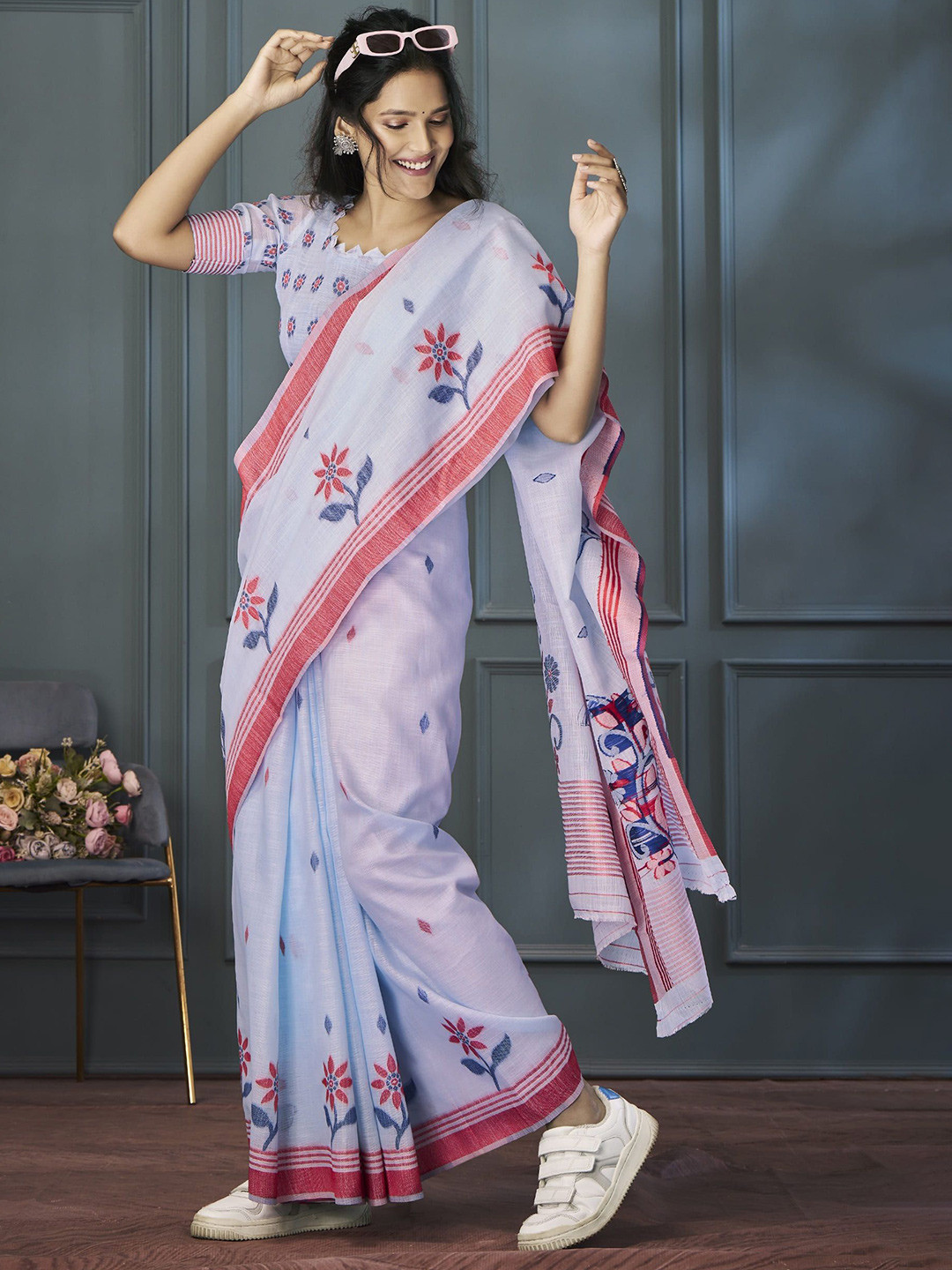 MAHALASA Floral Woven Design Pure Linen Saree