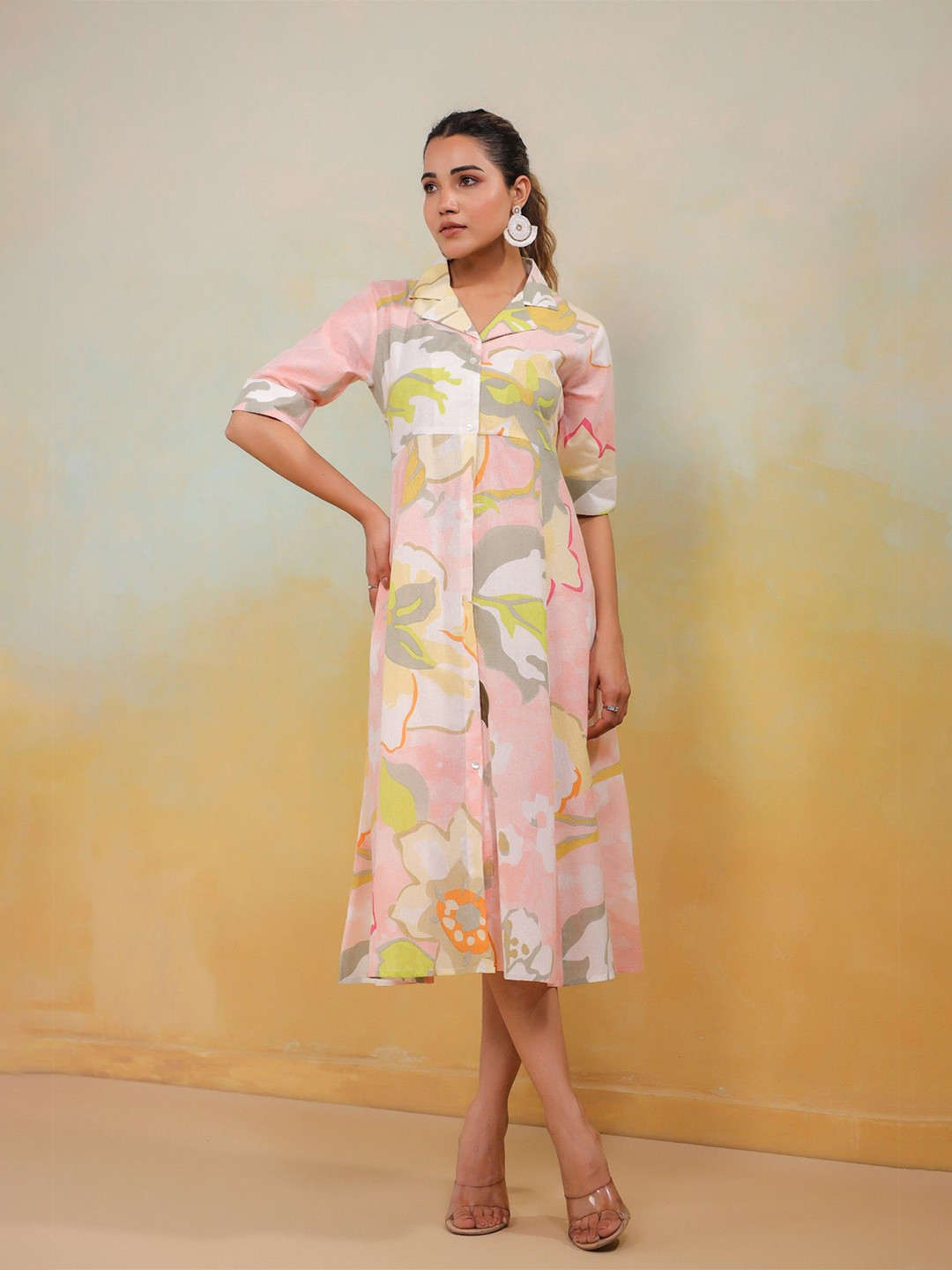 FLAVIA CREATION Floral Print Shirt Collared Shirt Style Midi Dress