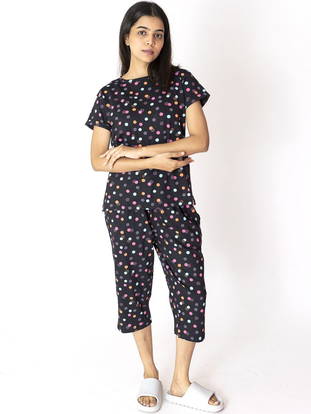 LABEL MY Women Pure Cotton Colorful Dots Printed Capris Set Night suit