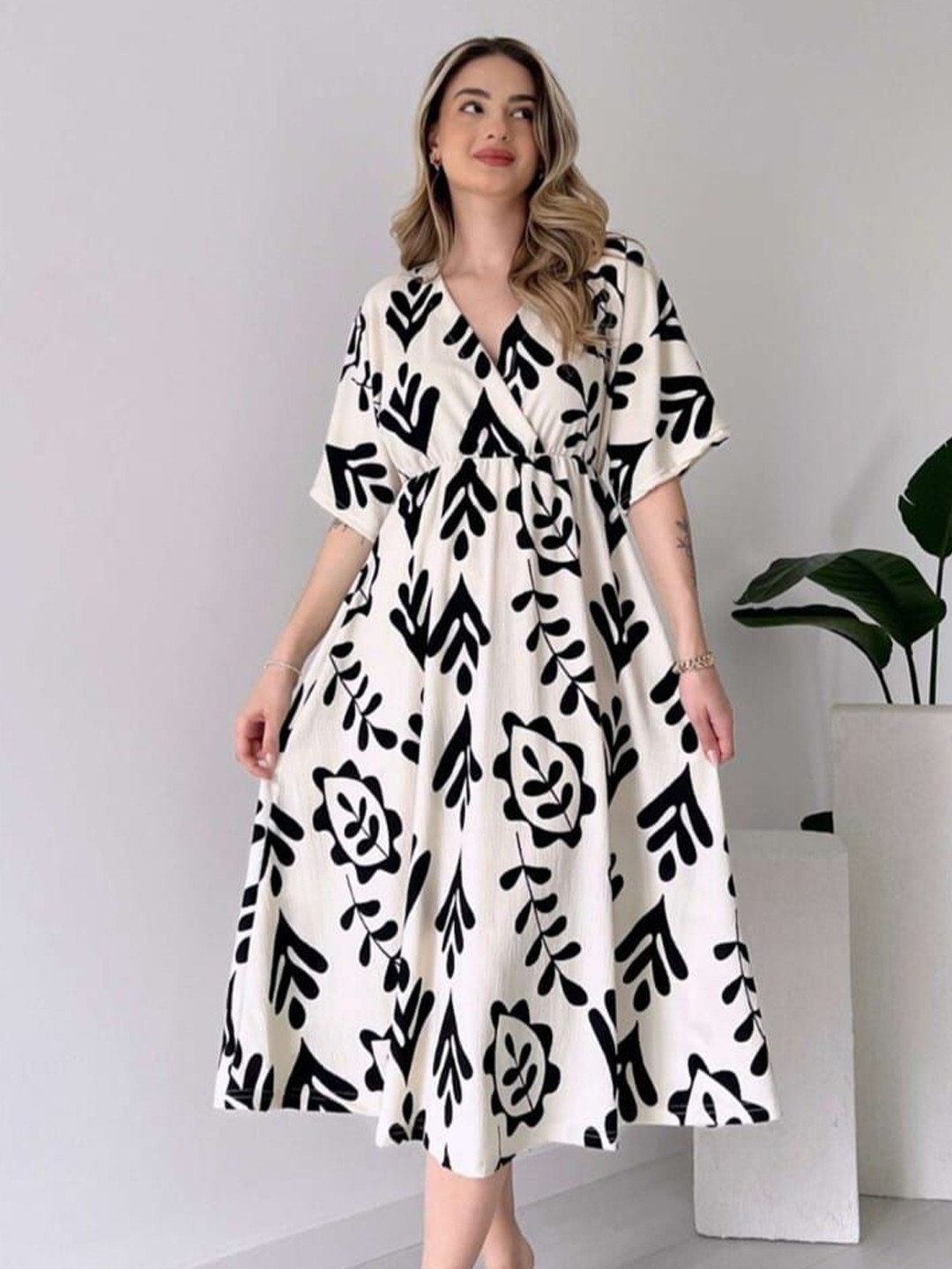Danilo Women Printed Cotton Monochrome Wrap Midi Dress