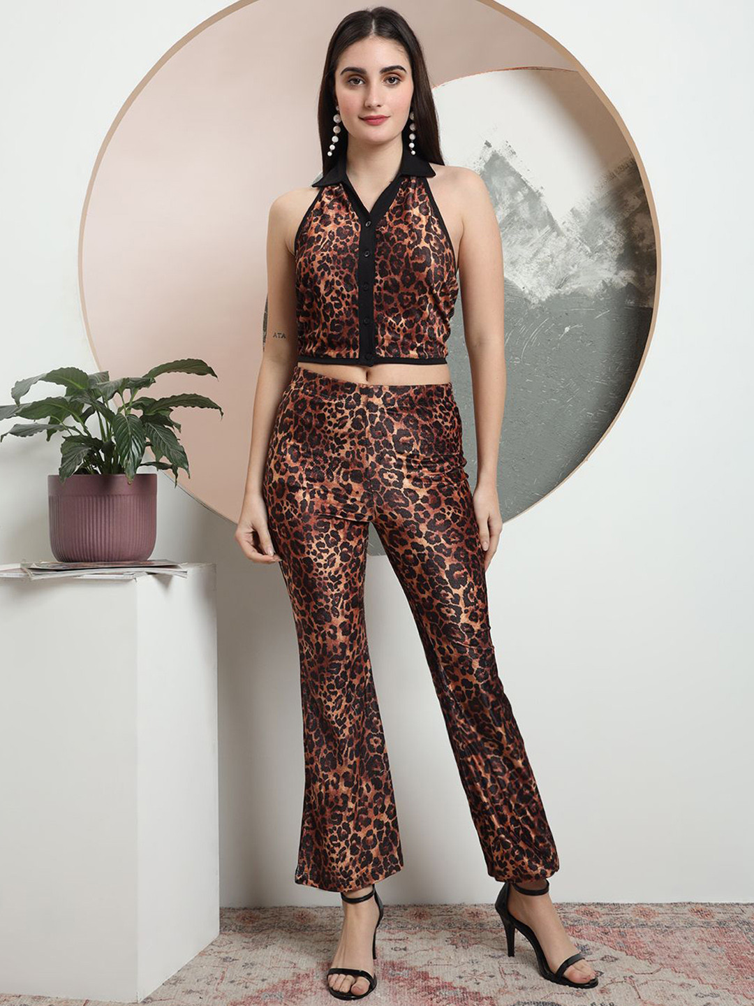 BAESD Printed Velvet V Neck Top With Trousers Co-Ords Set