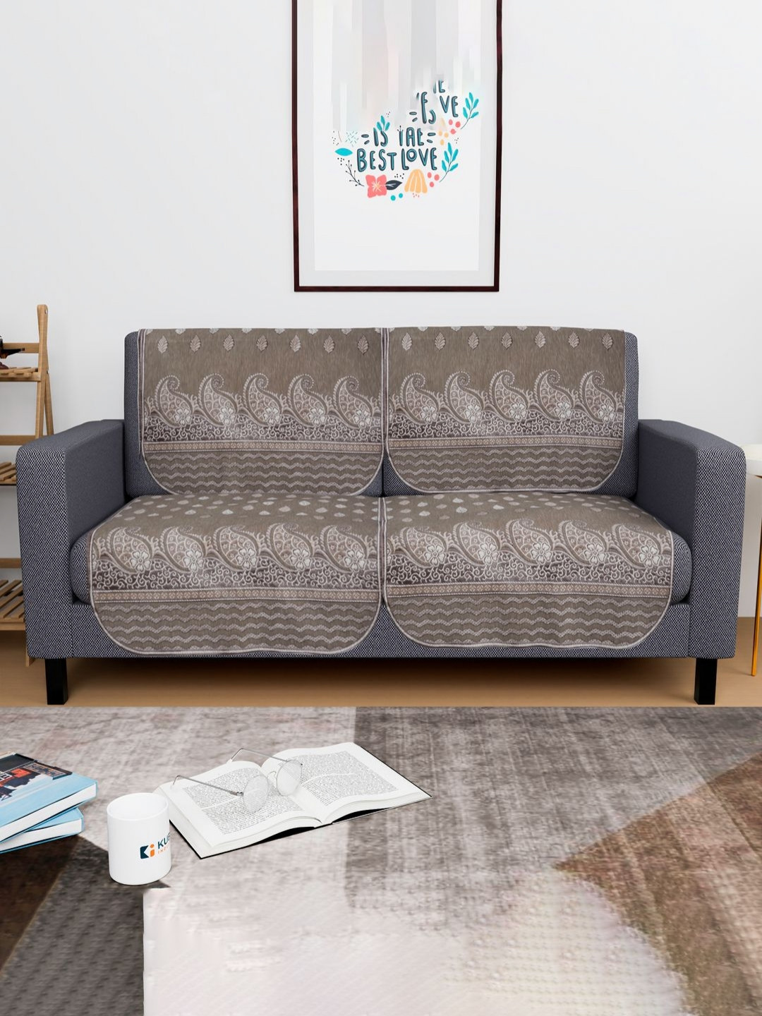 Aura Mousse Brown & White 4 Pieces Ethnic Motifs Printed 2 Seater Velvet Sofa Covers