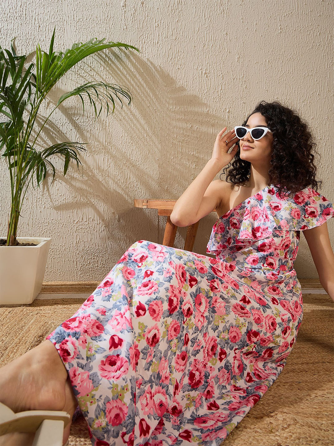 StyleStone Floral Print One Shoulder Ruffled Crepe Maxi Dress