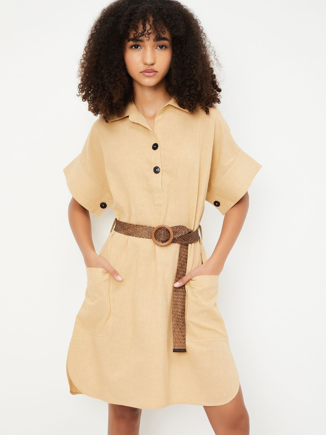 max Shirt Collar Above Knee Belted Dress