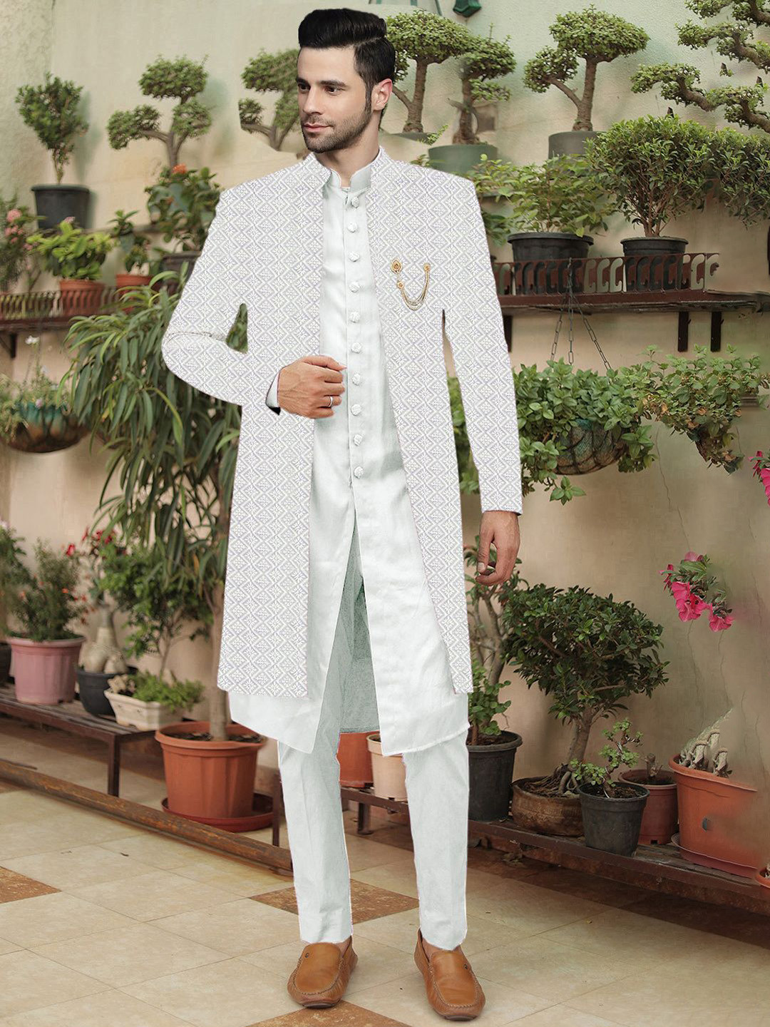 Utsav Fashion Men Embroidered Cotton Silk Sherwani & Pant With Faux Georgette Jacket Set