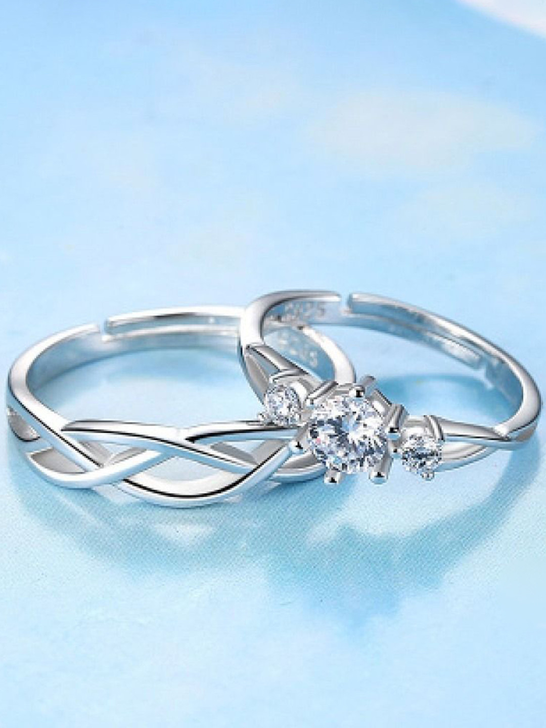 AGARWALPRODUCT Set Of 2 Silver-Plated Cubic Zirconia Stone Studded Adjustable Finger Rings