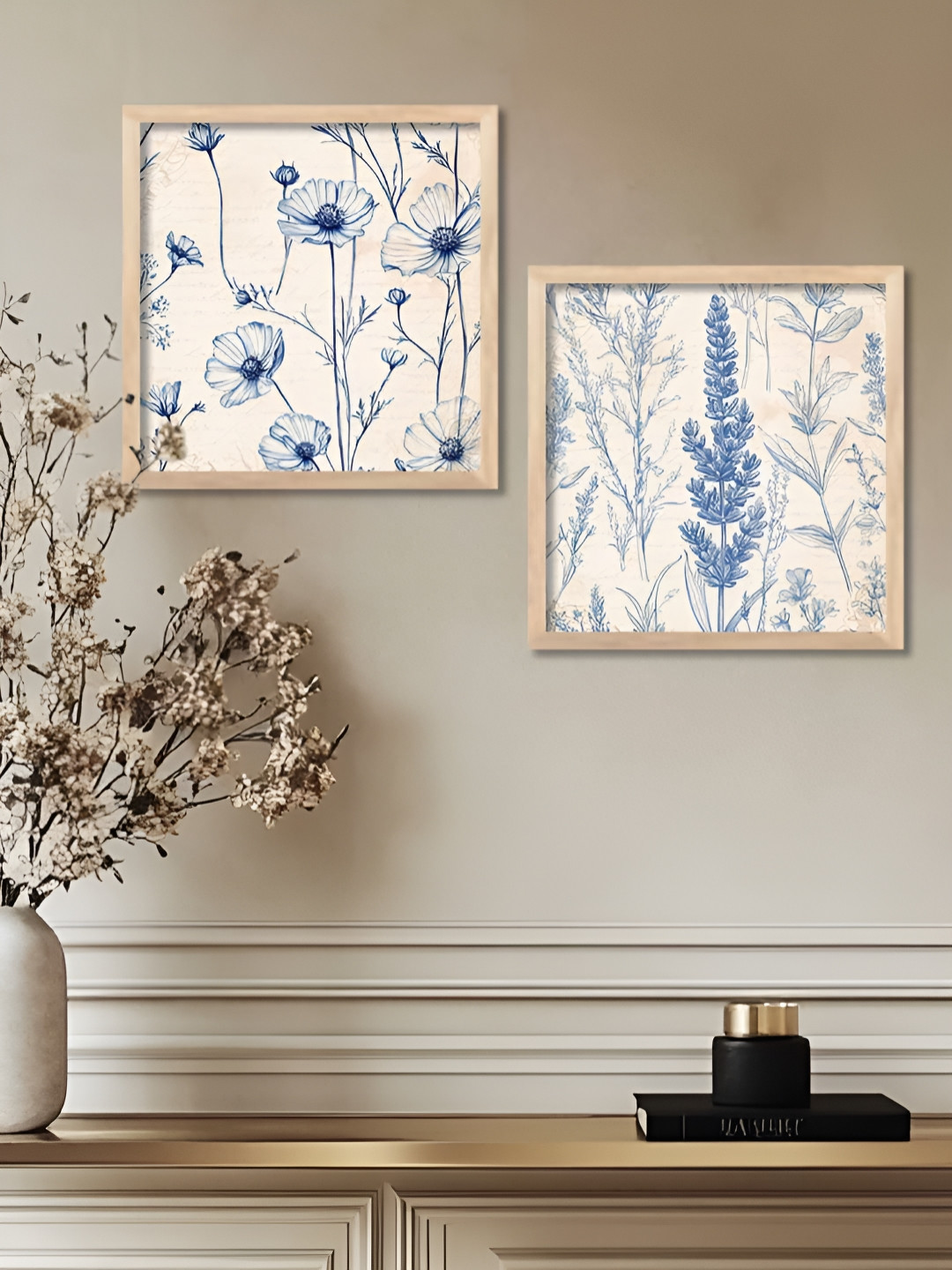 Kotart White & Blue 2 Pieces Floral Printed Wooden Wall Paintings