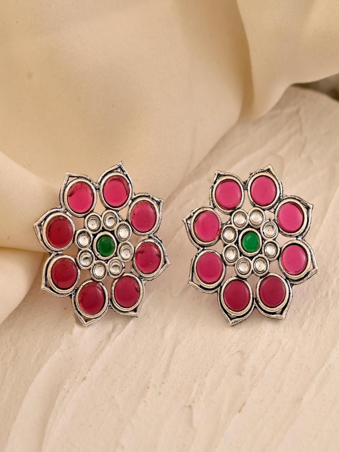 STYYO Silver-Plated Artificial Stones Floral Studs Earrings