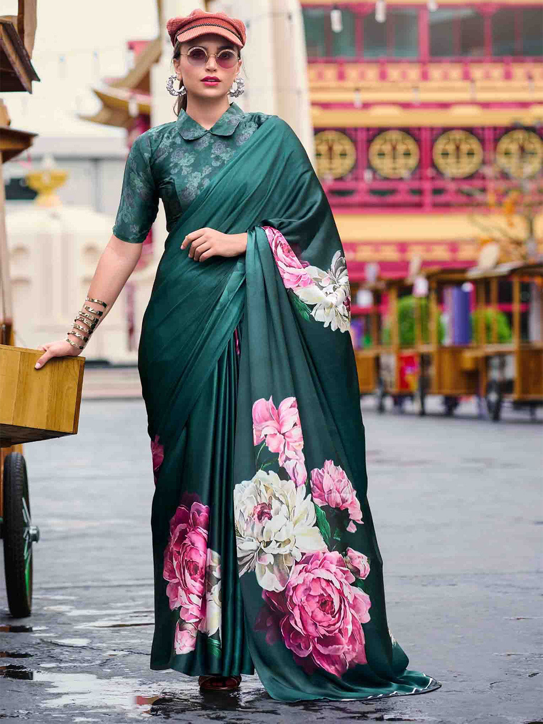 Mitera Floral Printed Satin Saree
